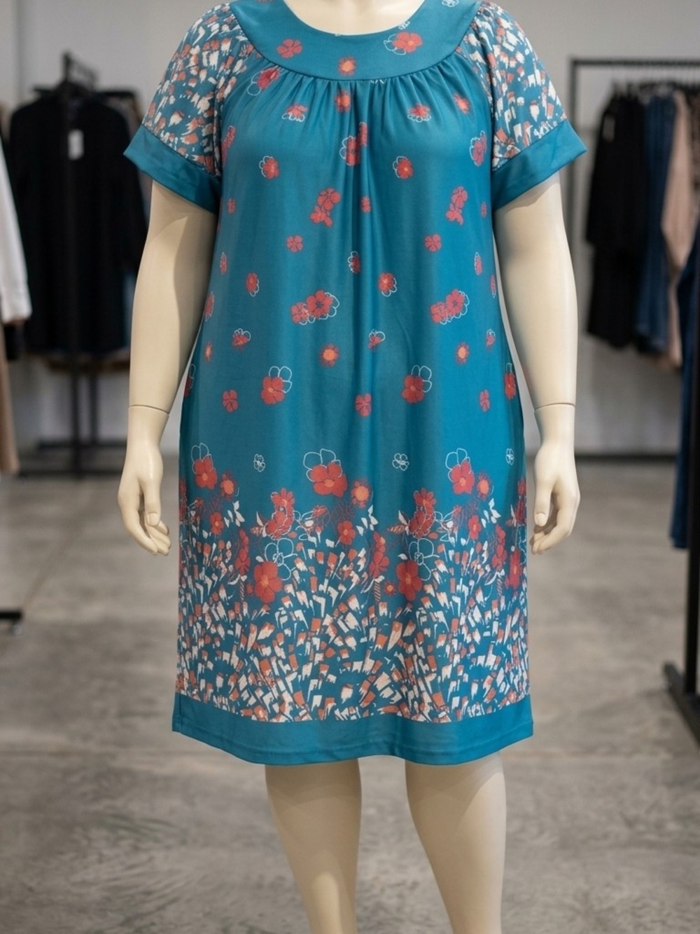 Teal Floral Short Sleeve House Dress